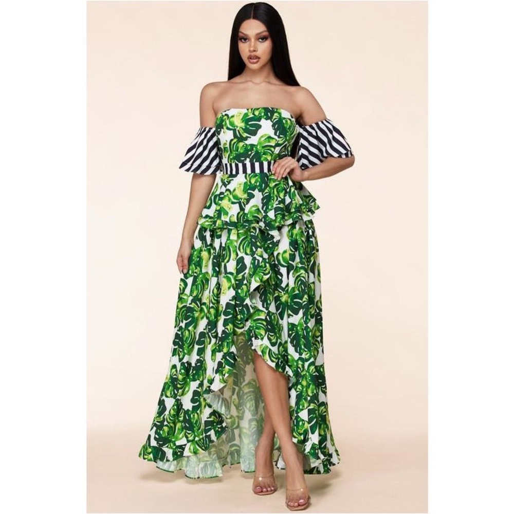 Off-Shoulder Green Leaf Print Maxi Dress